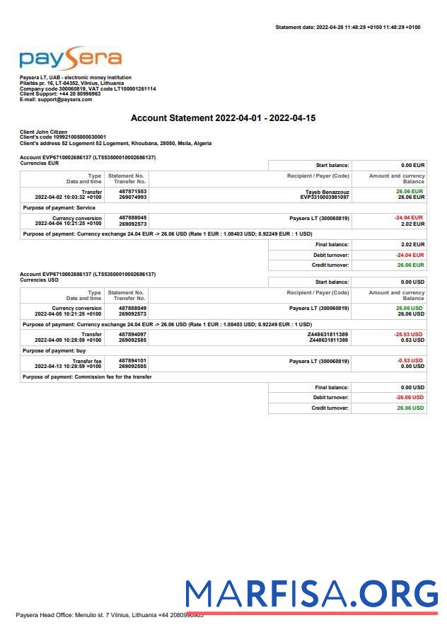 Downloadable Lithuania Paysera bank statement word sample